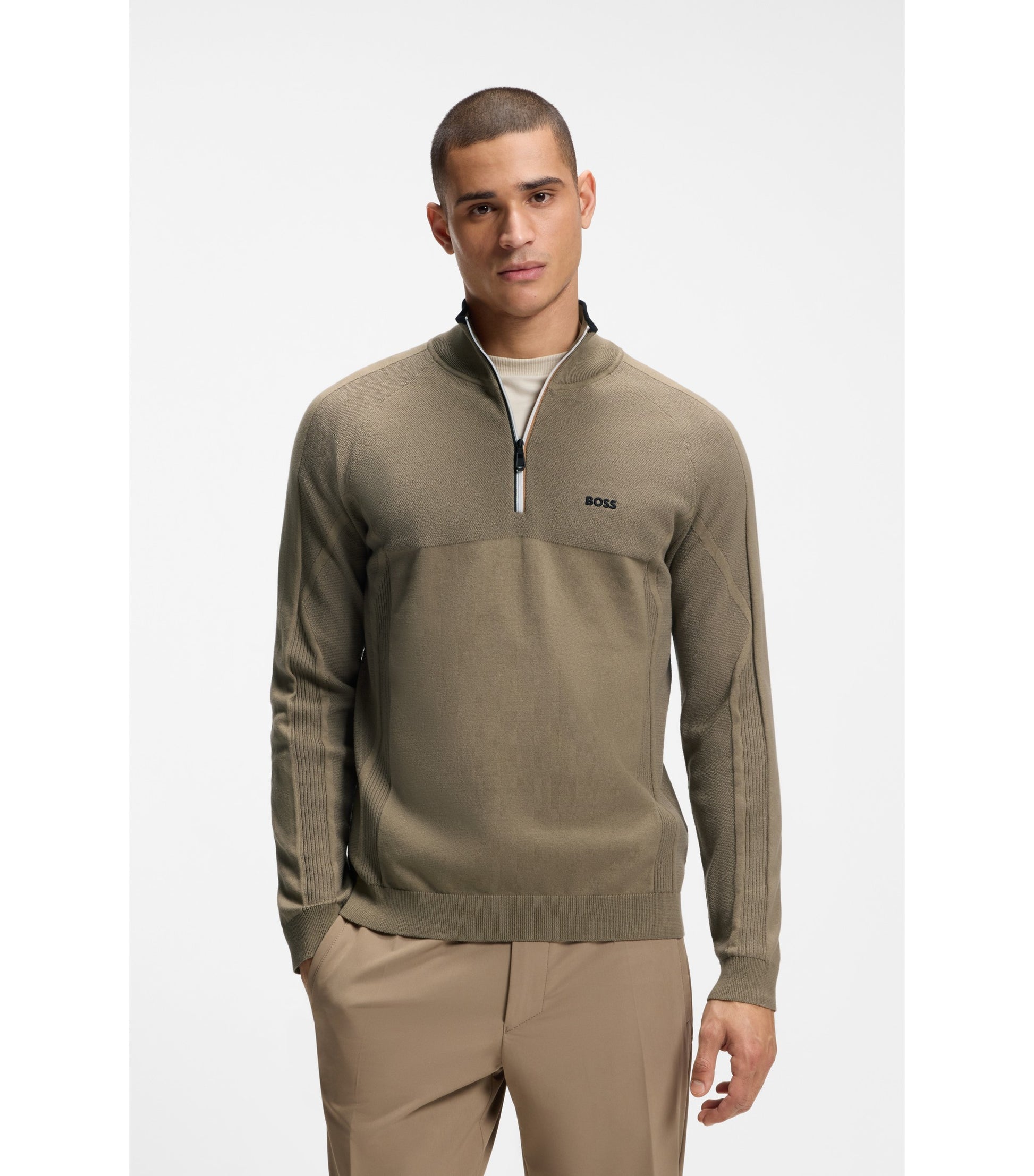 Zip-neck sweater in a mixed-knit cotton blend 