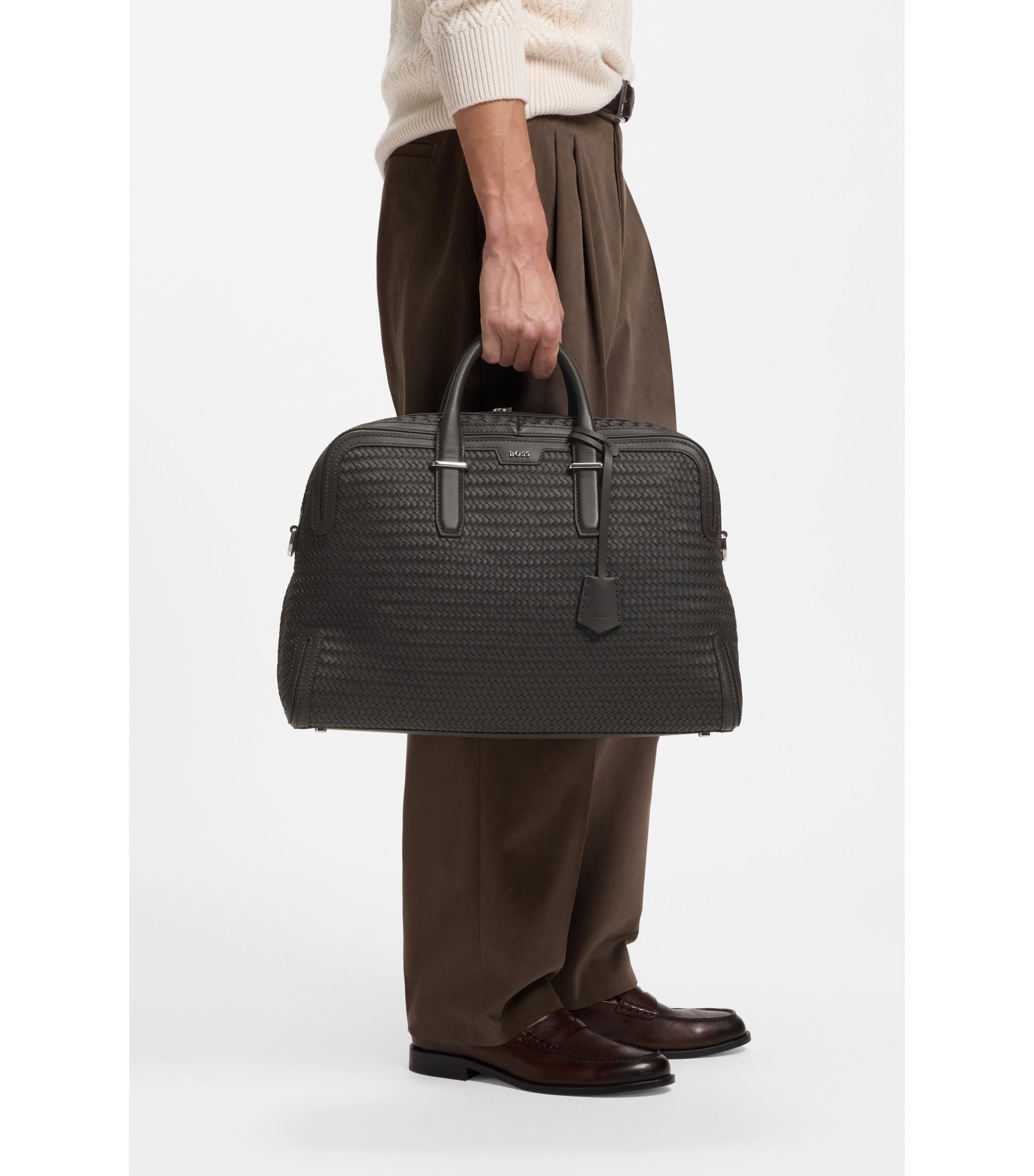 Woven-leather holdall with silver-tone logo
