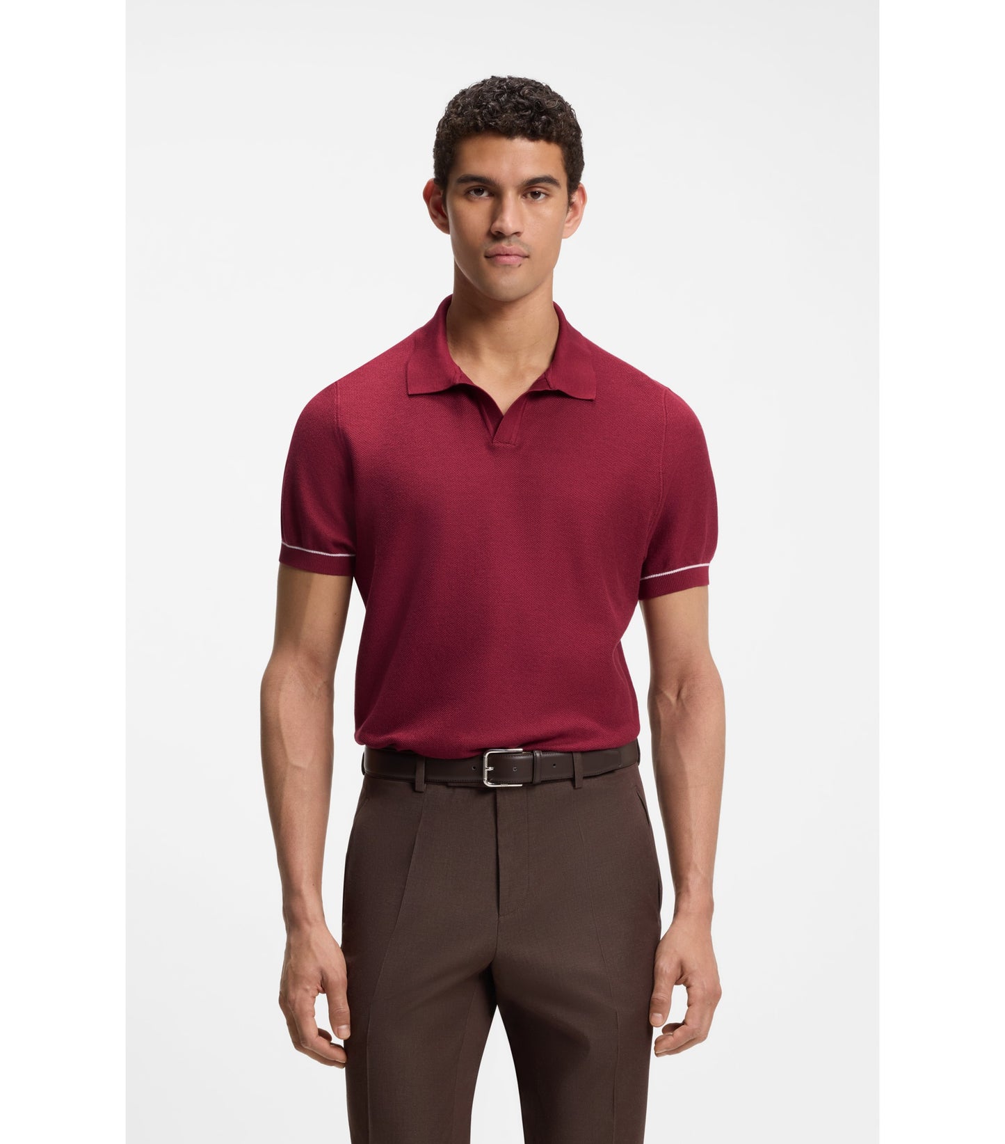 Cotton-blend knit polo with horizontal stripe