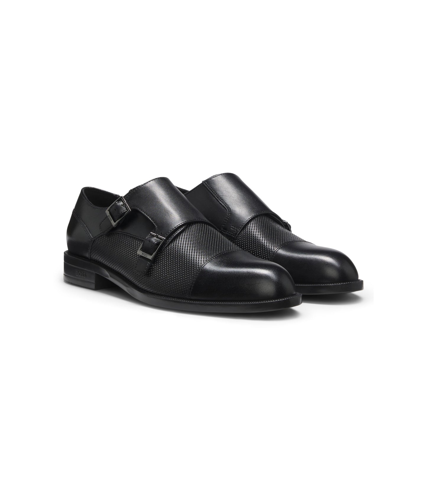 Double monk shoes in leather with perforated detail