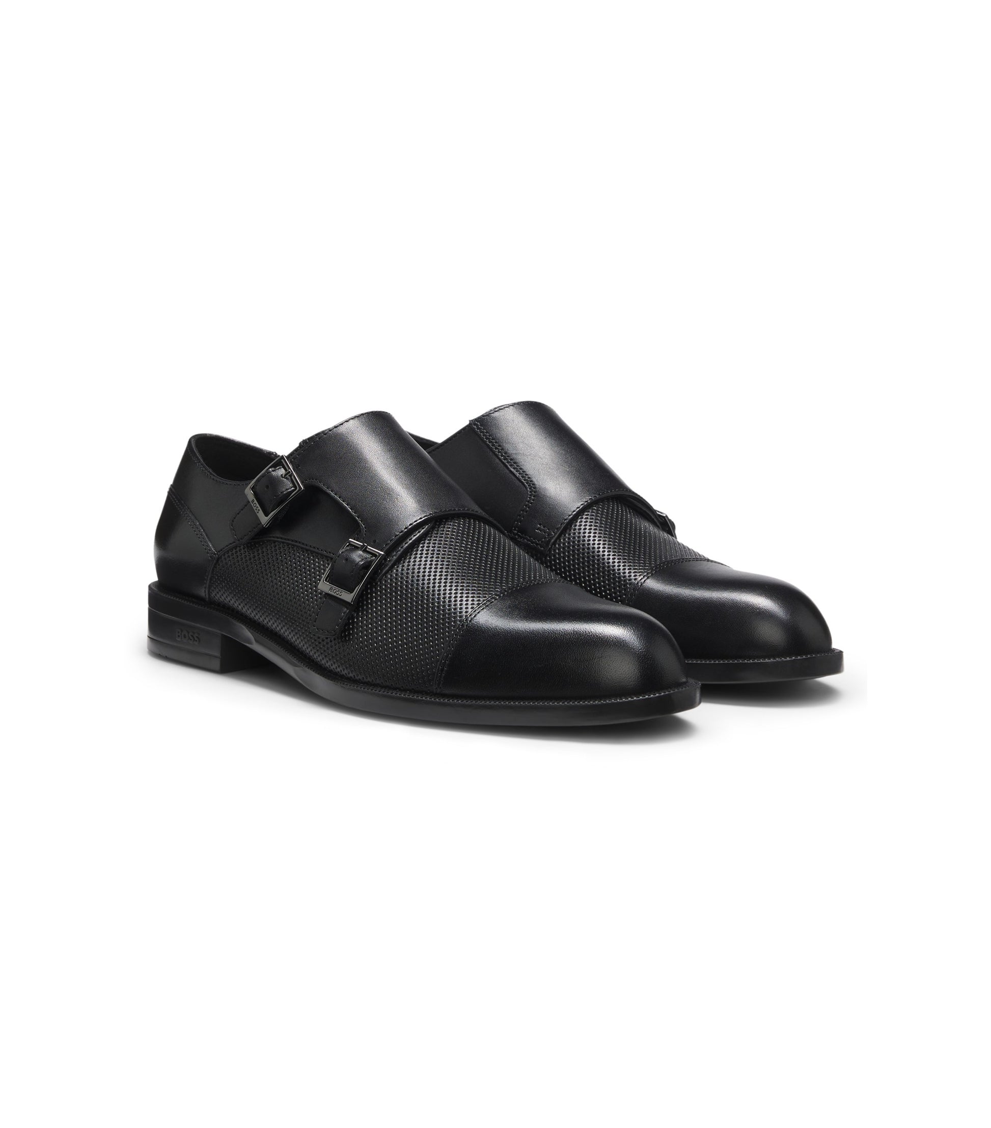 Double monk shoes in leather with perforated detail