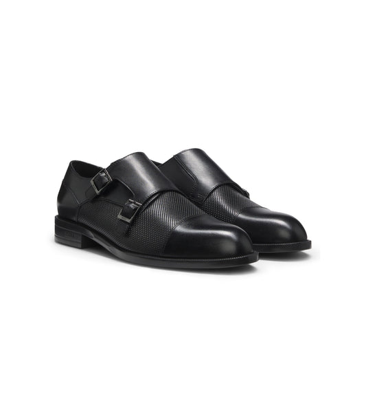 Double monk shoes in leather with perforated detail