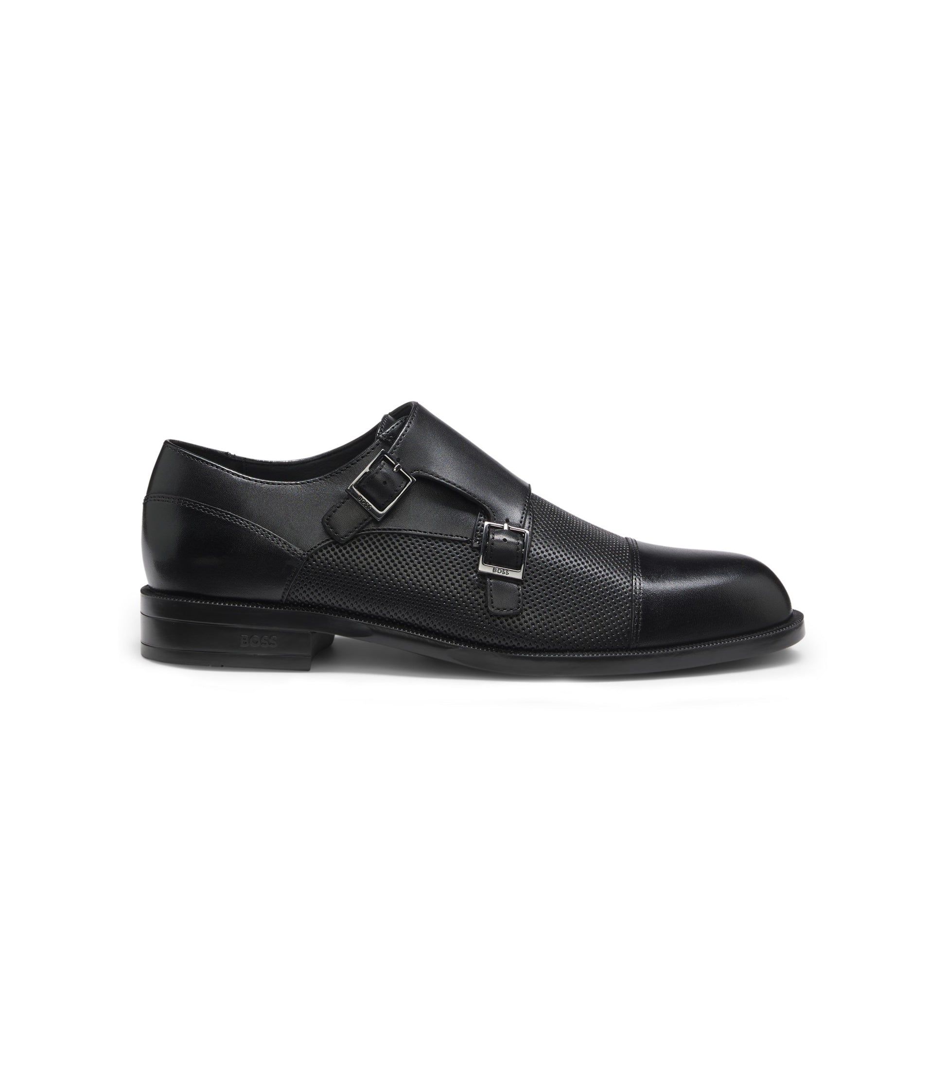 Double monk shoes in leather with perforated detail