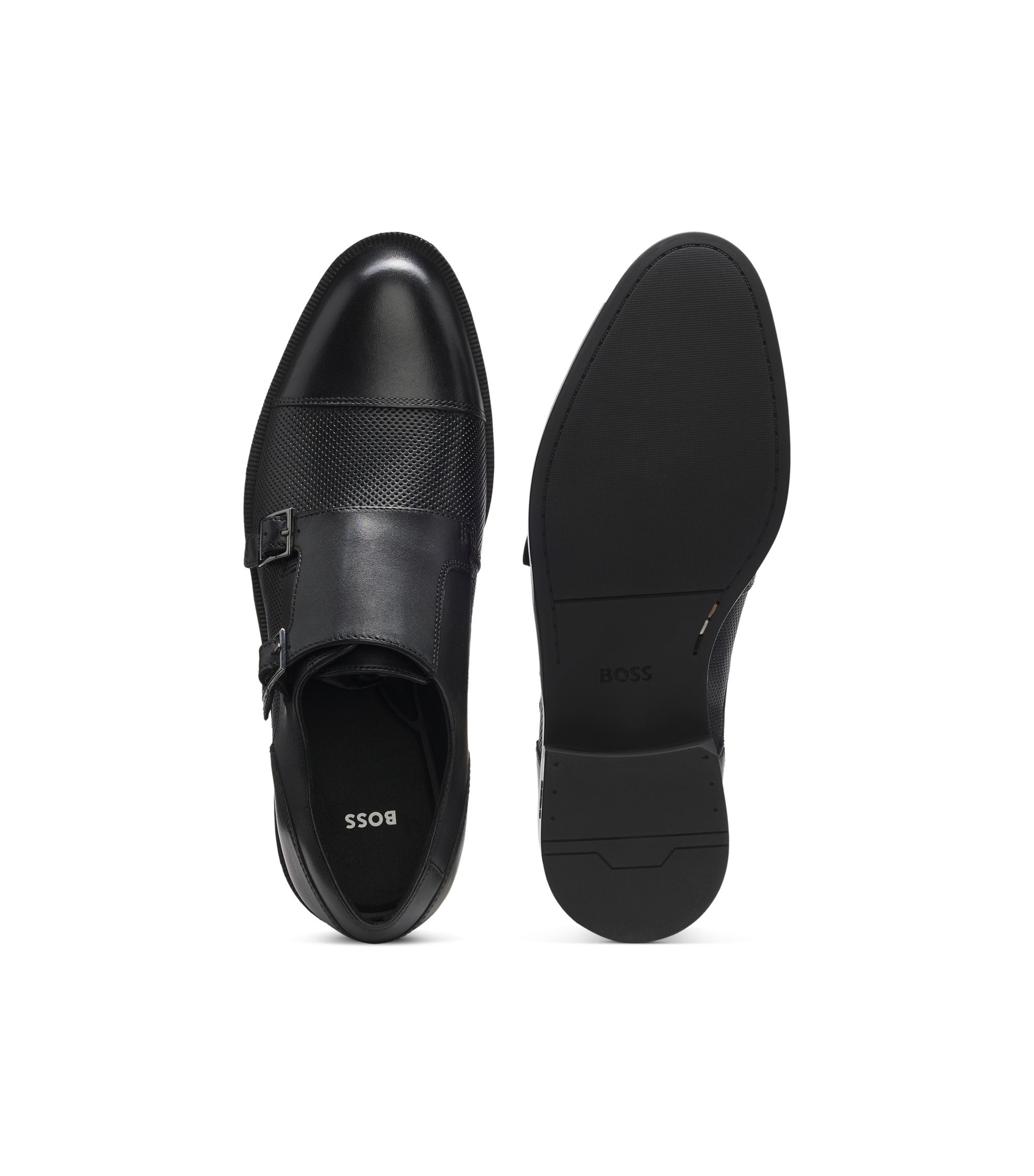 Double monk shoes in leather with perforated detail