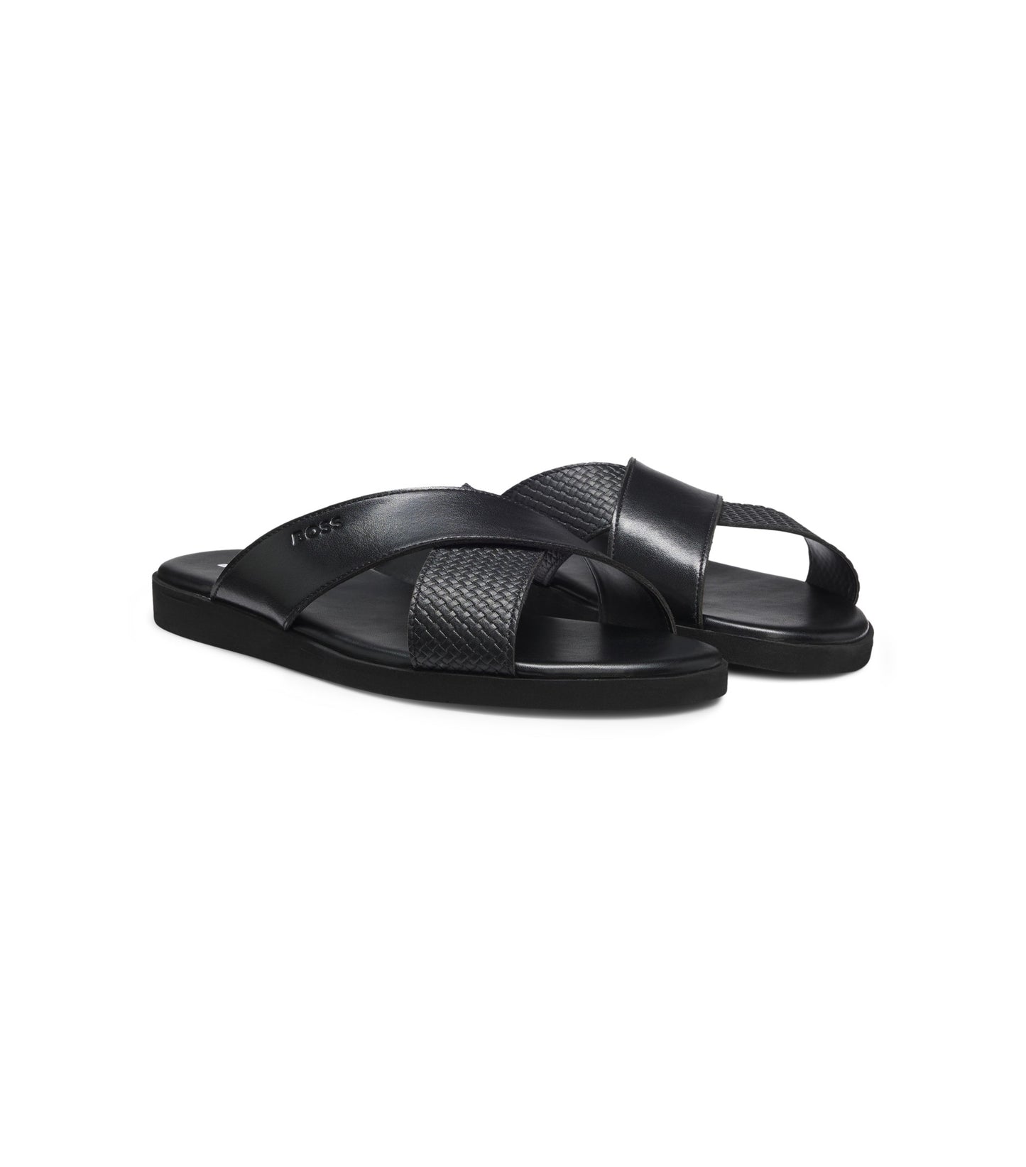 Faux-leather slides with plain and patterned straps