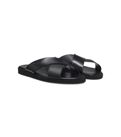 Faux-leather slides with plain and patterned straps