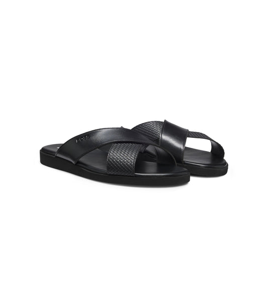 Faux-leather slides with plain and patterned straps