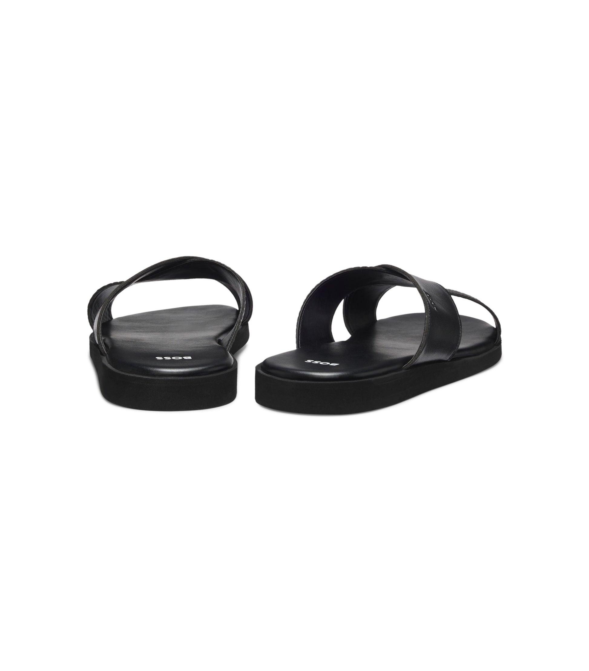 Faux-leather slides with plain and patterned straps