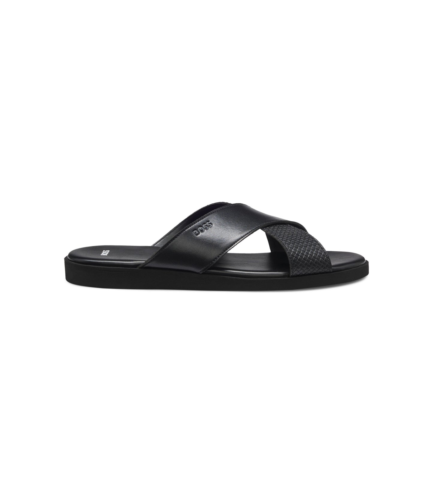 Faux-leather slides with plain and patterned straps