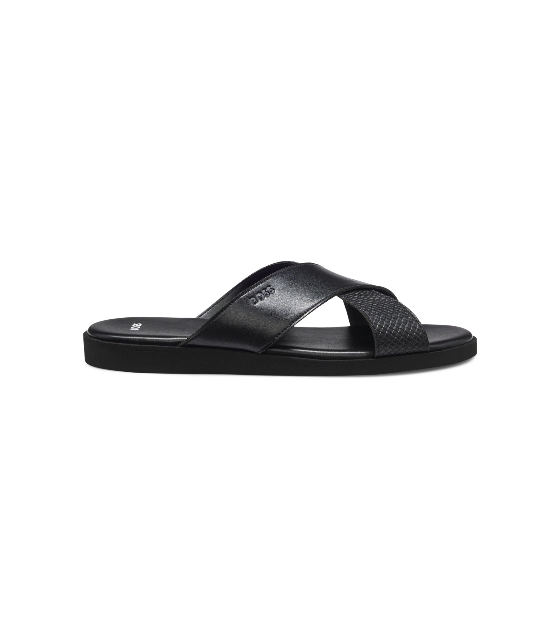 Faux-leather slides with plain and patterned straps