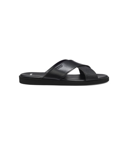 Faux-leather slides with plain and patterned straps