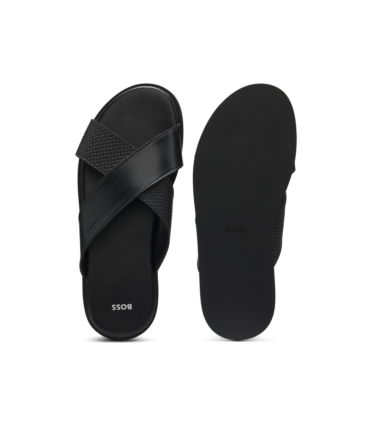 Faux-leather slides with plain and patterned straps