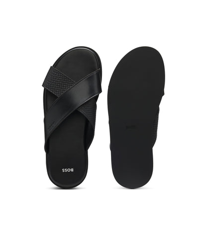 Faux-leather slides with plain and patterned straps