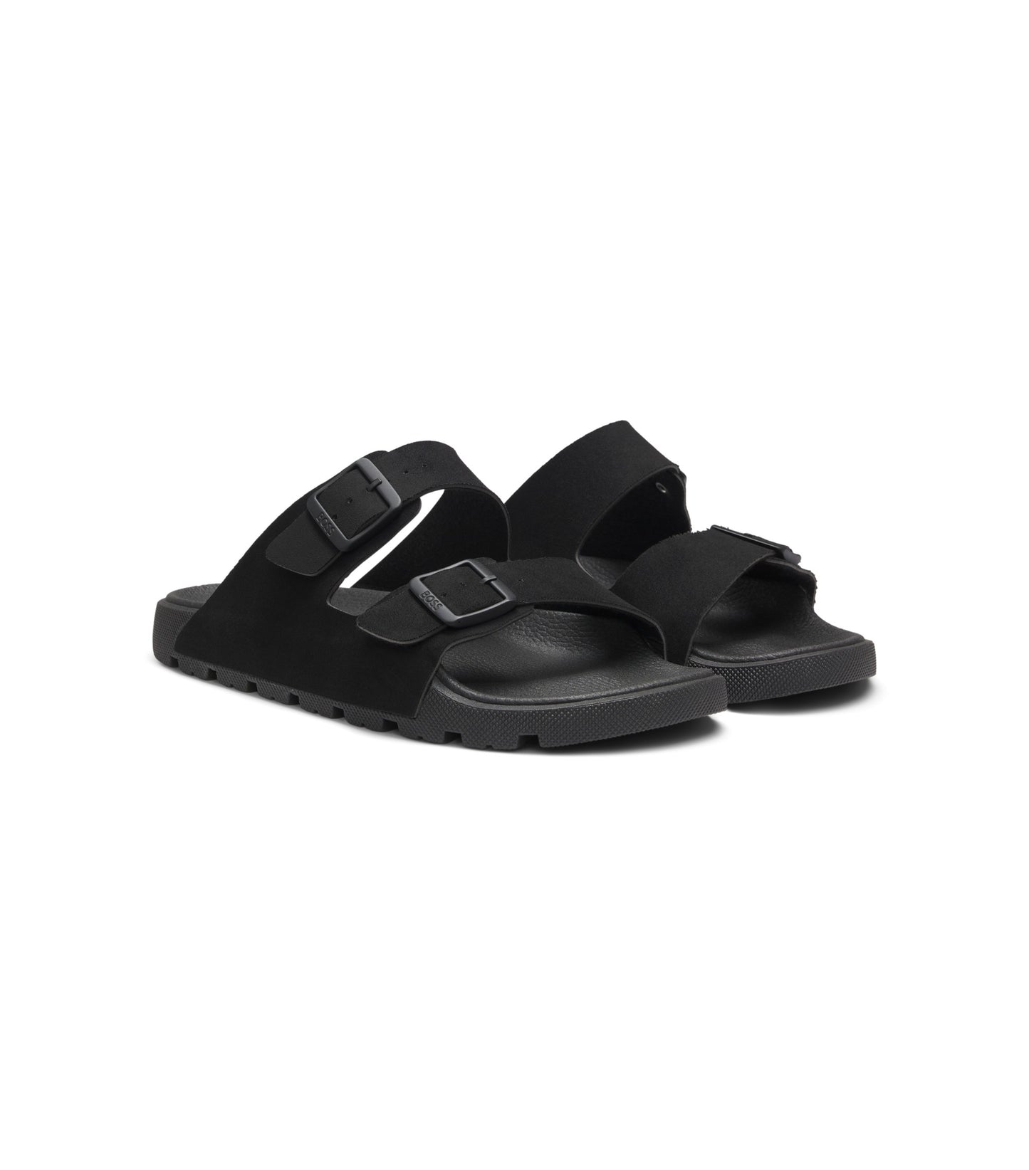 Twin-strap slides with branded buckles