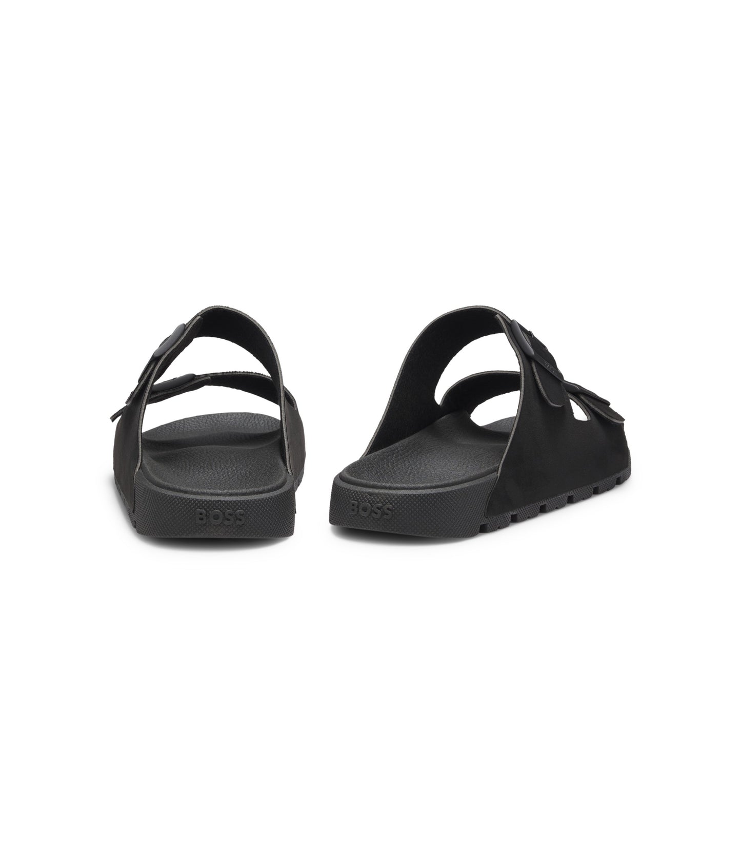 Twin-strap slides with branded buckles