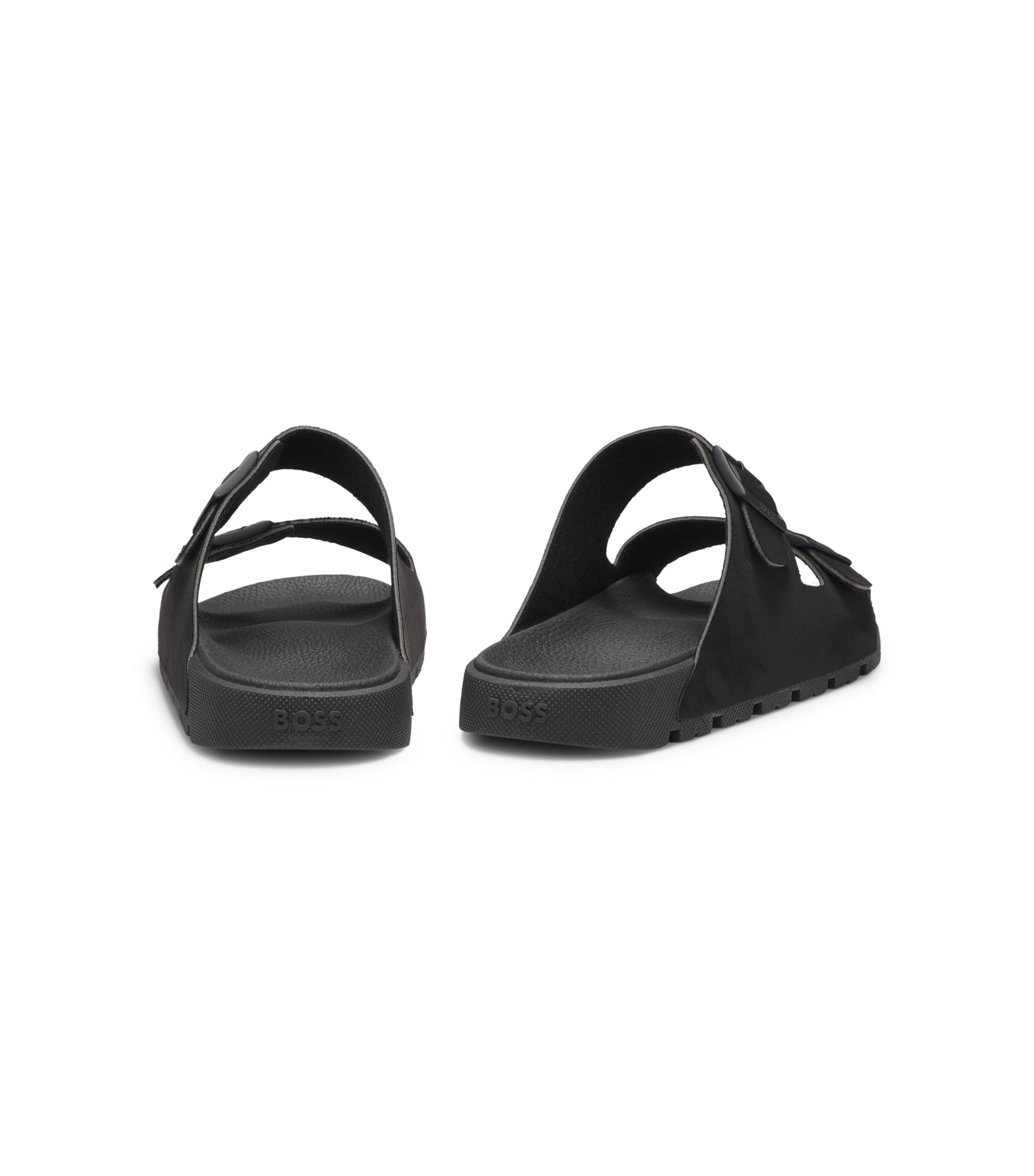 Twin-strap slides with branded buckles