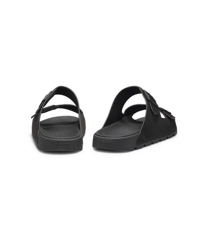 Twin-strap slides with branded buckles