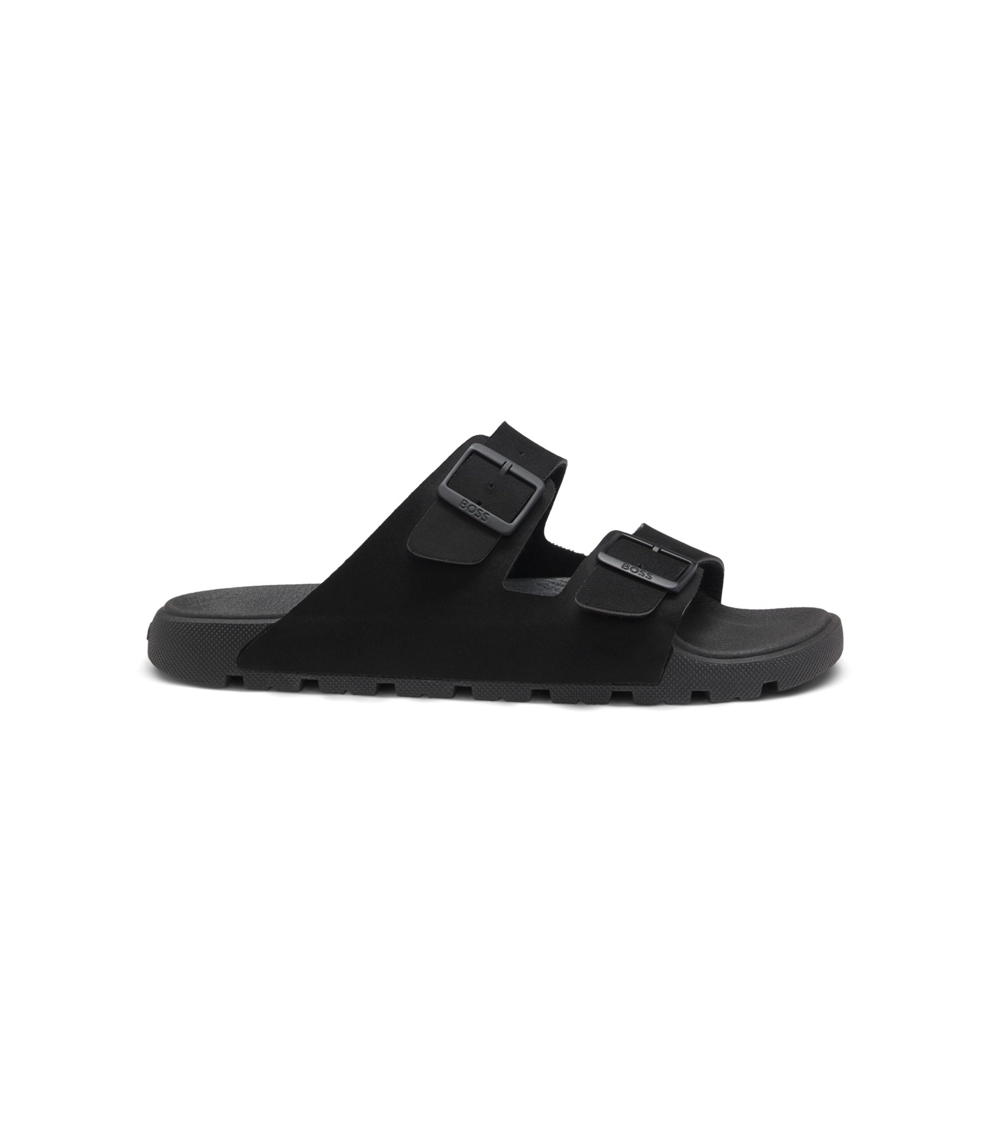 Twin-strap slides with branded buckles