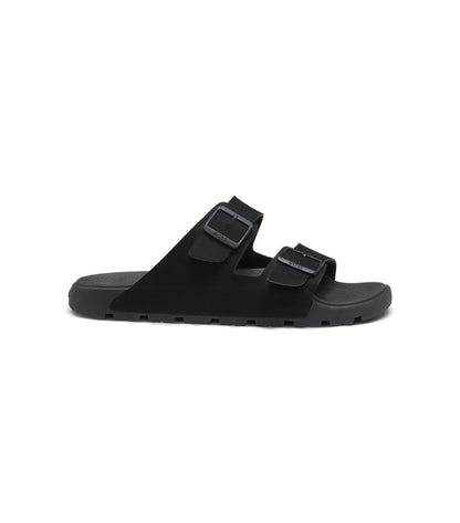 Twin-strap slides with branded buckles