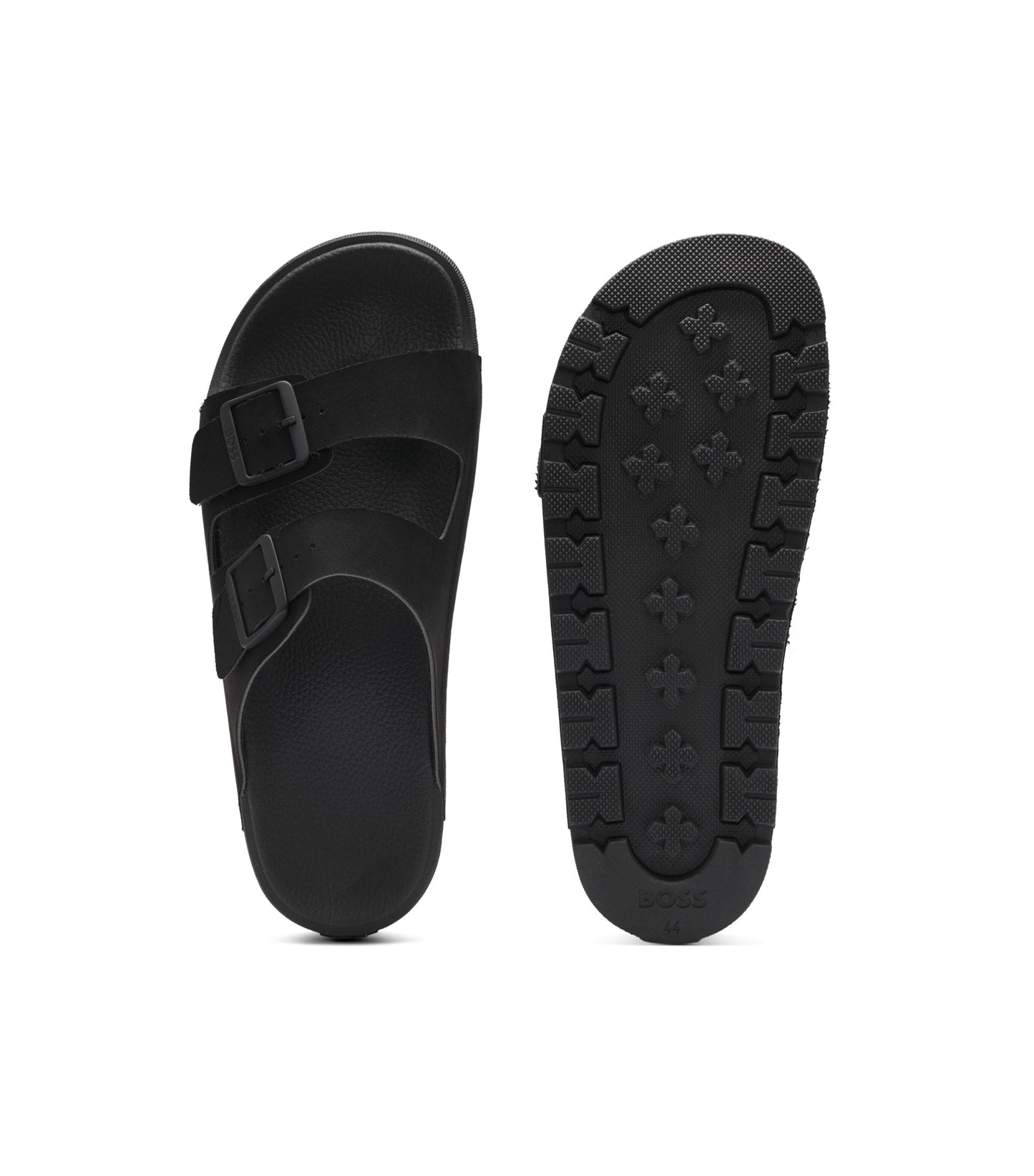 Twin-strap slides with branded buckles