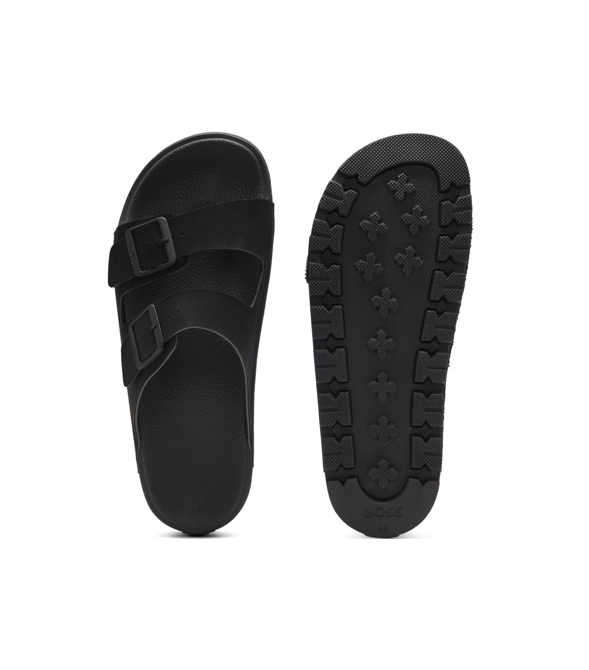 Twin-strap slides with branded buckles