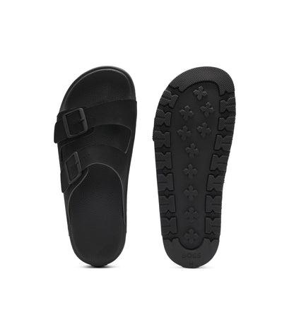Twin-strap slides with branded buckles