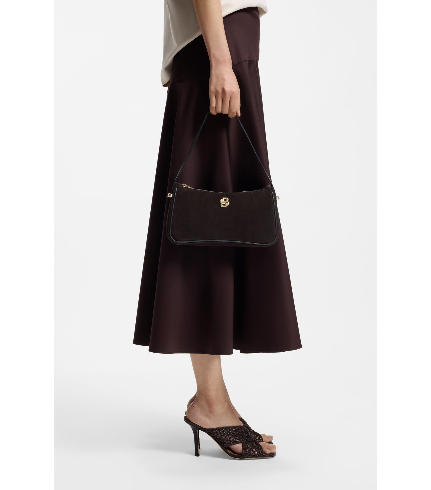 Suede shoulder bag with metallic Double B monogram