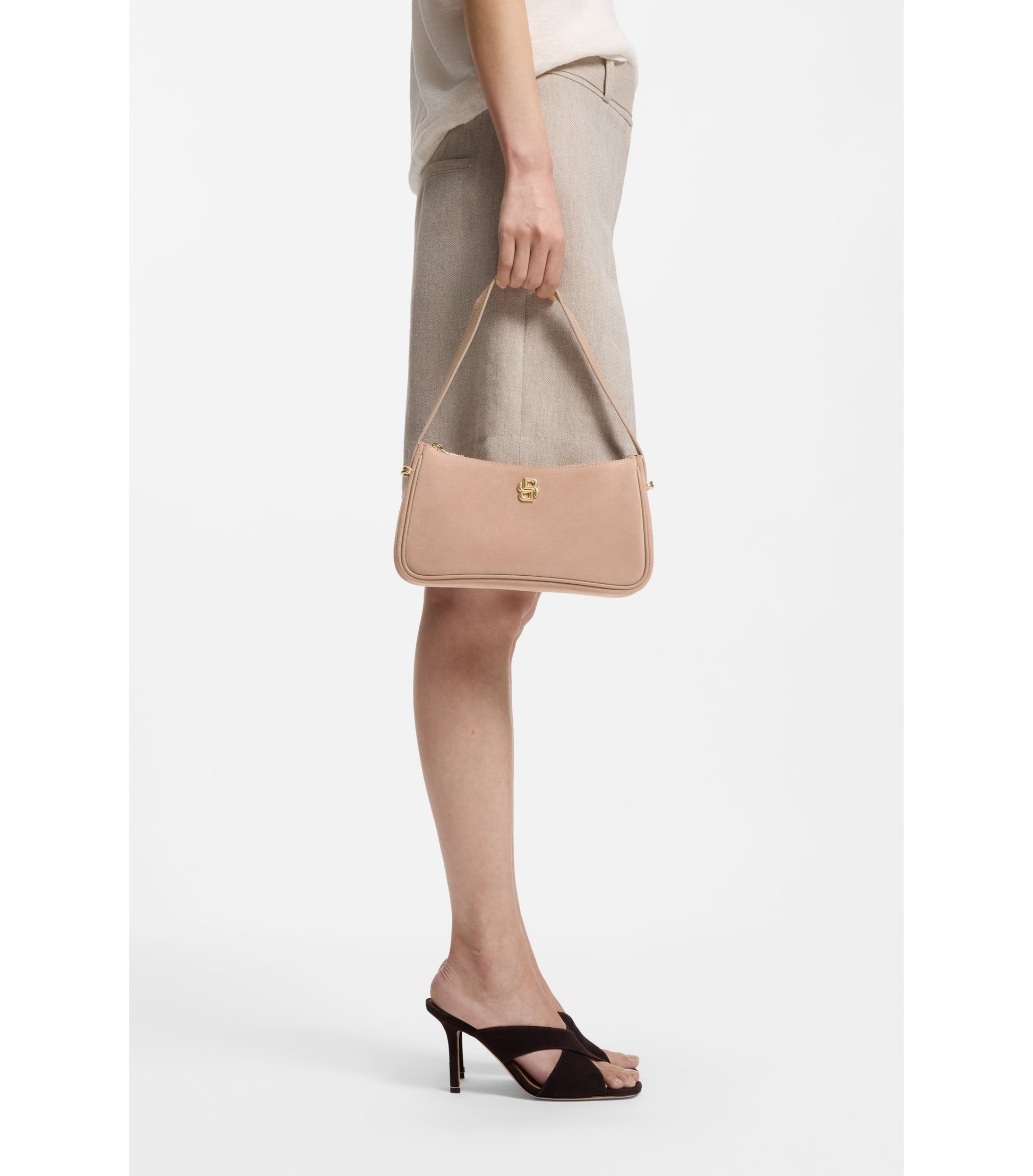 Suede shoulder bag with metallic Double B monogram