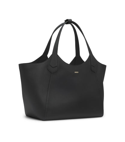 Leather tote bag with metallic logo lettering