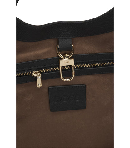 Leather tote bag with metallic logo lettering