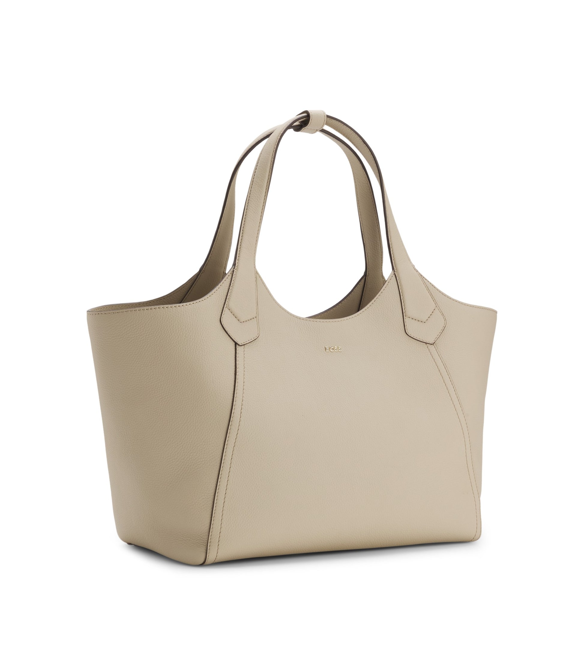 Leather tote bag with metallic logo lettering