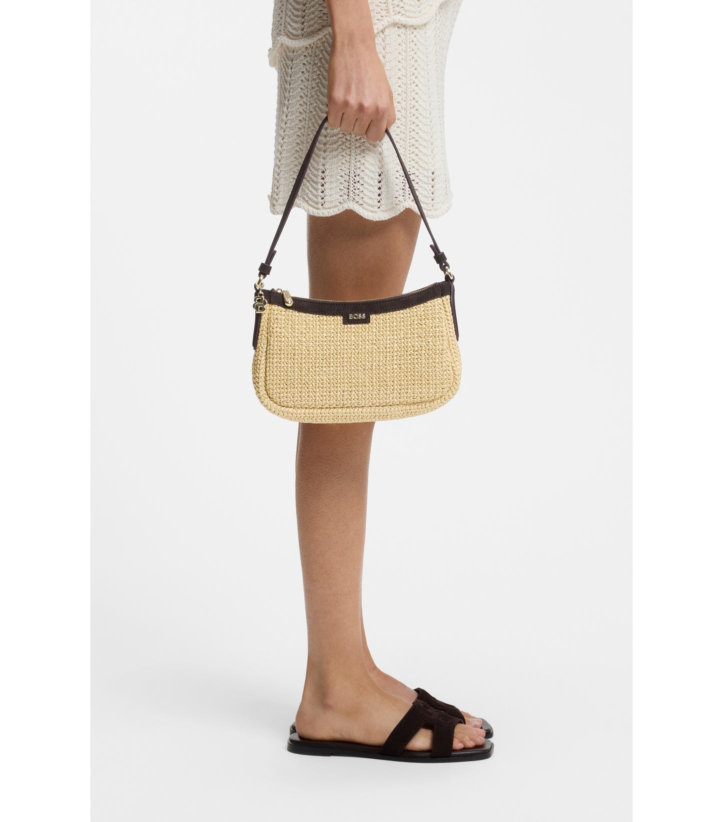 Raffia shoulder bag with Double B monogram charm