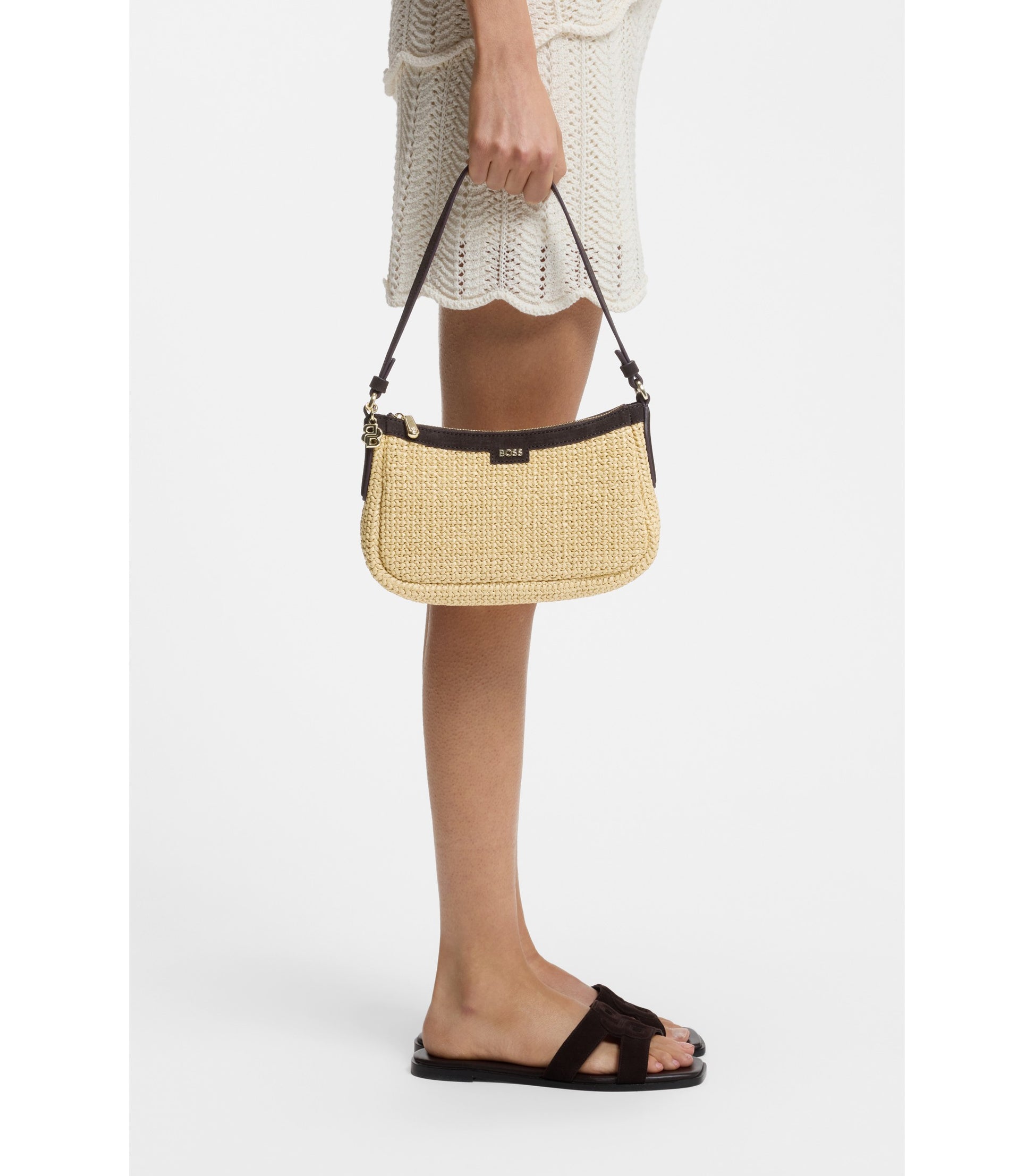 Raffia shoulder bag with Double B monogram charm
