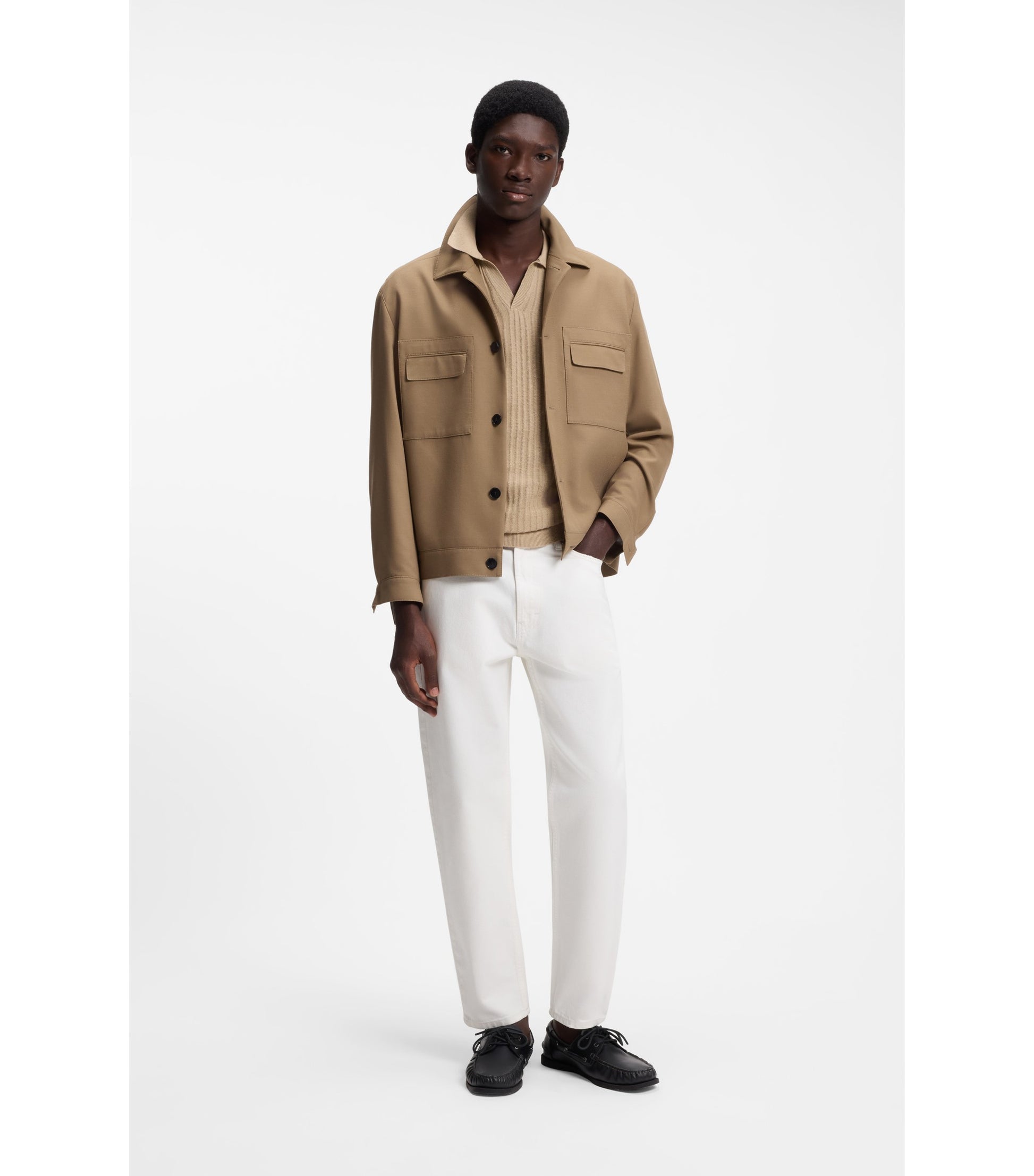 Johnny-collar knit polo in a cotton-linen jacquard