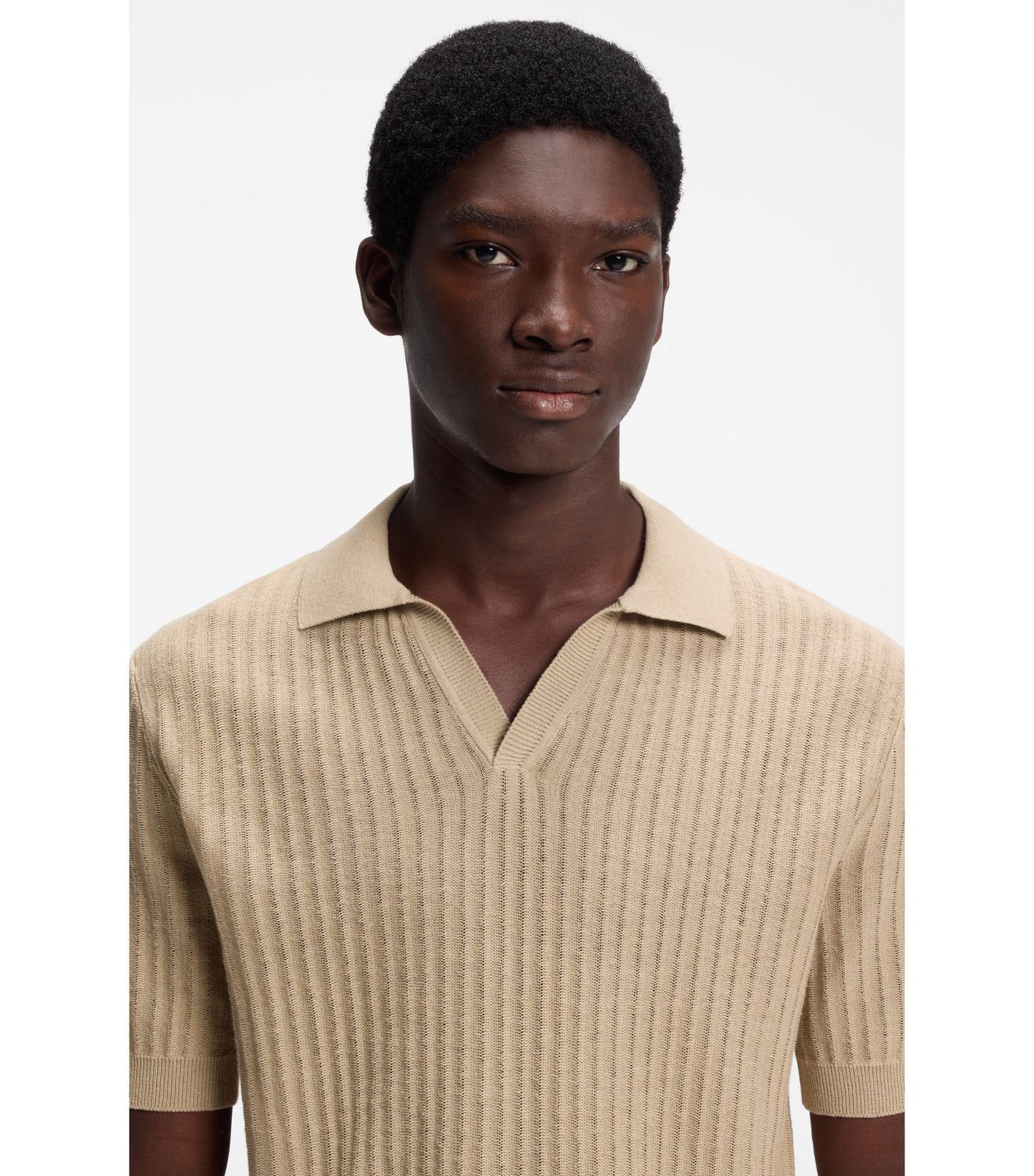 Johnny-collar knit polo in a cotton-linen jacquard