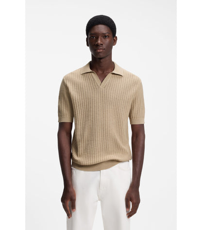 Johnny-collar knit polo in a cotton-linen jacquard