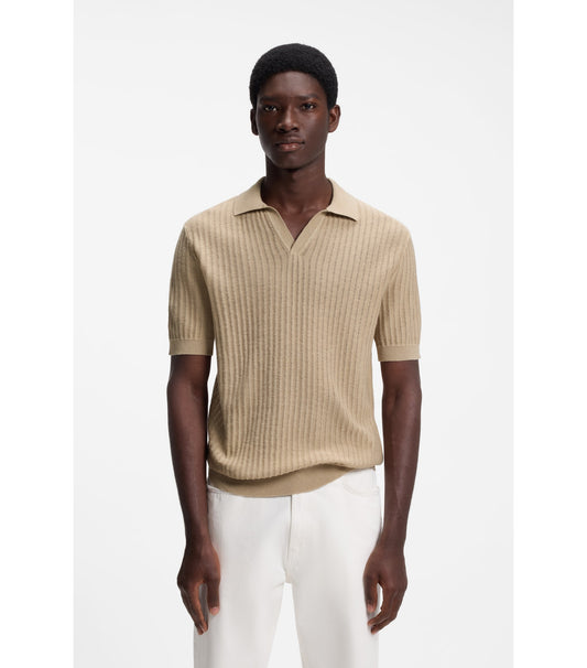 Johnny-collar knit polo in a cotton-linen jacquard