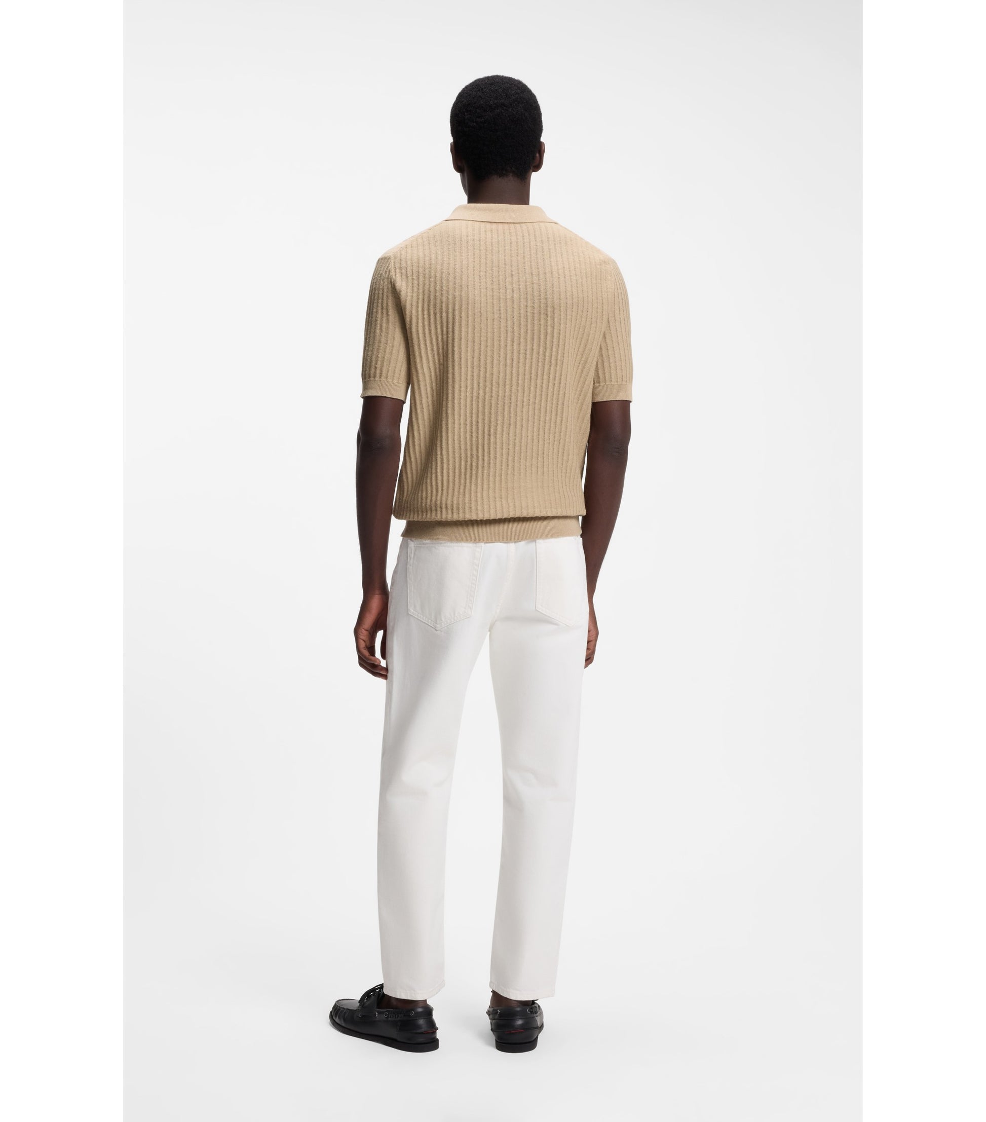 Johnny-collar knit polo in a cotton-linen jacquard
