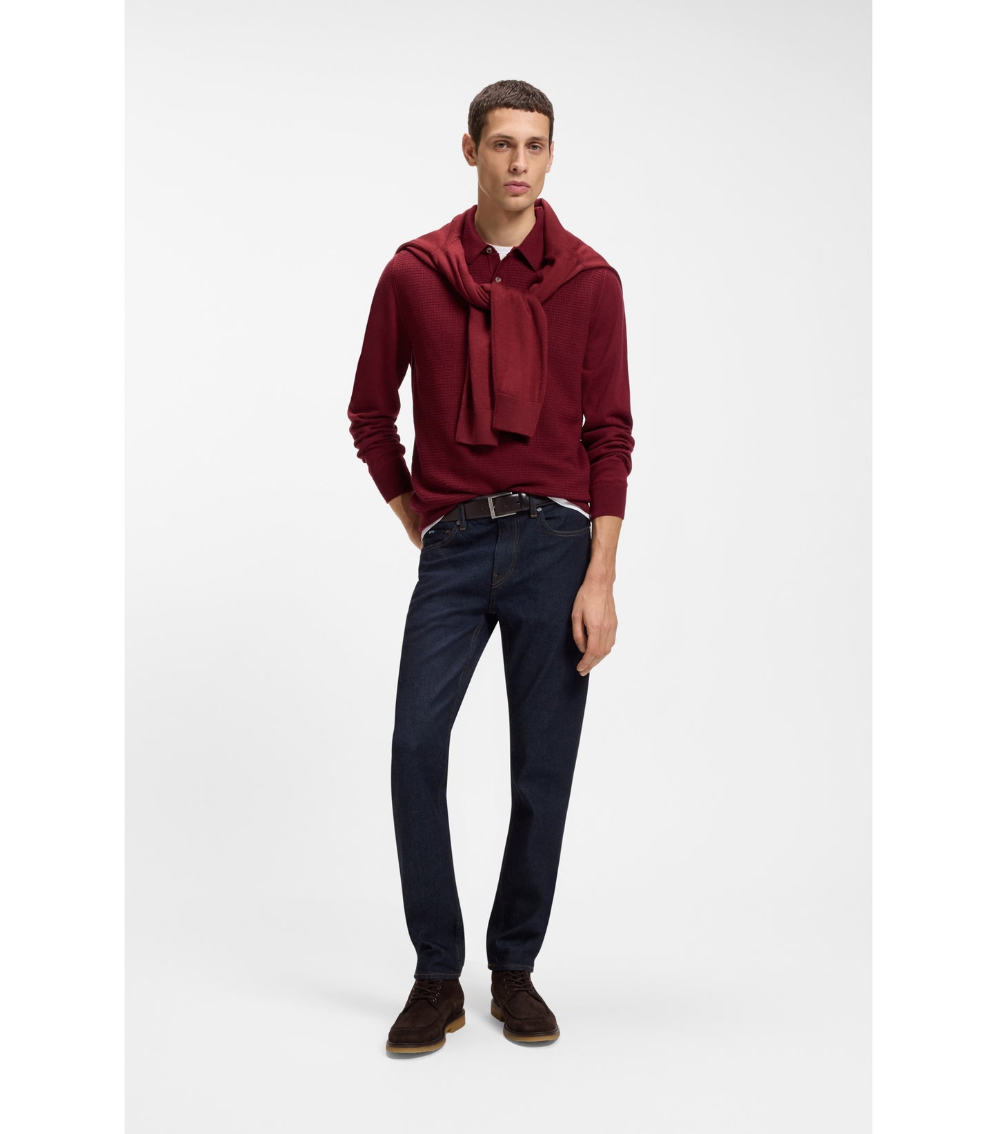 Mixed-structure knit polo in a wool blend