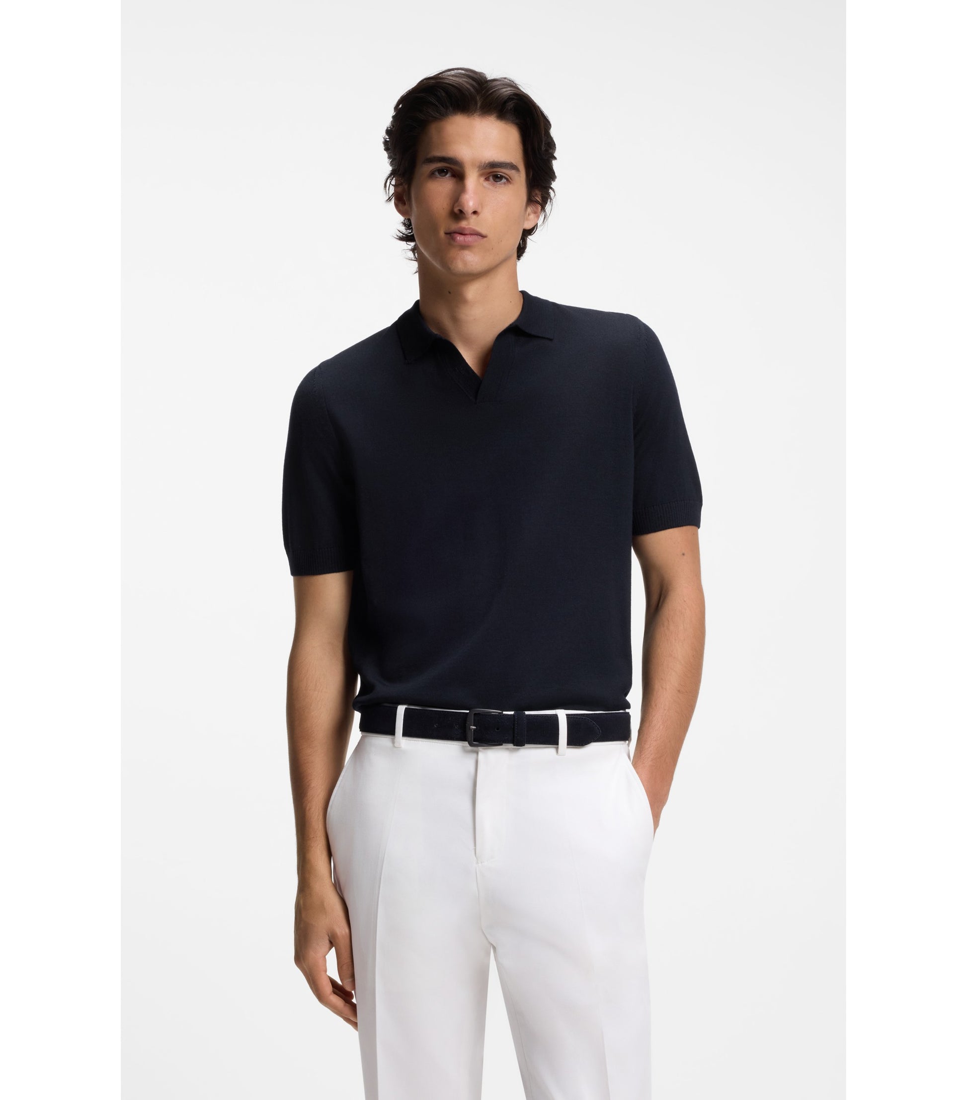 Merino-wool knit polo with Johnny collar