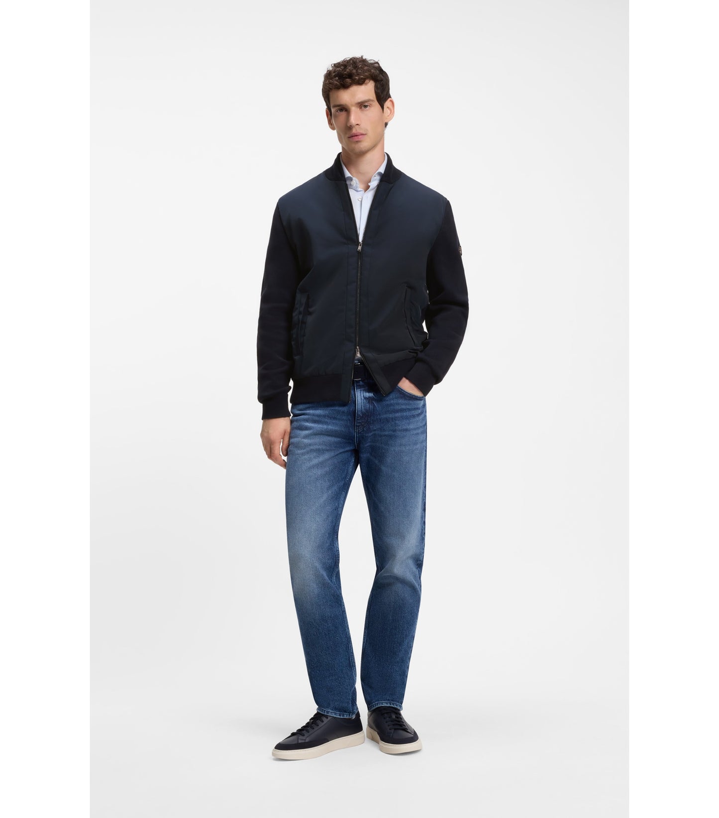 Cotton-knit hybrid jacket with bomber collar