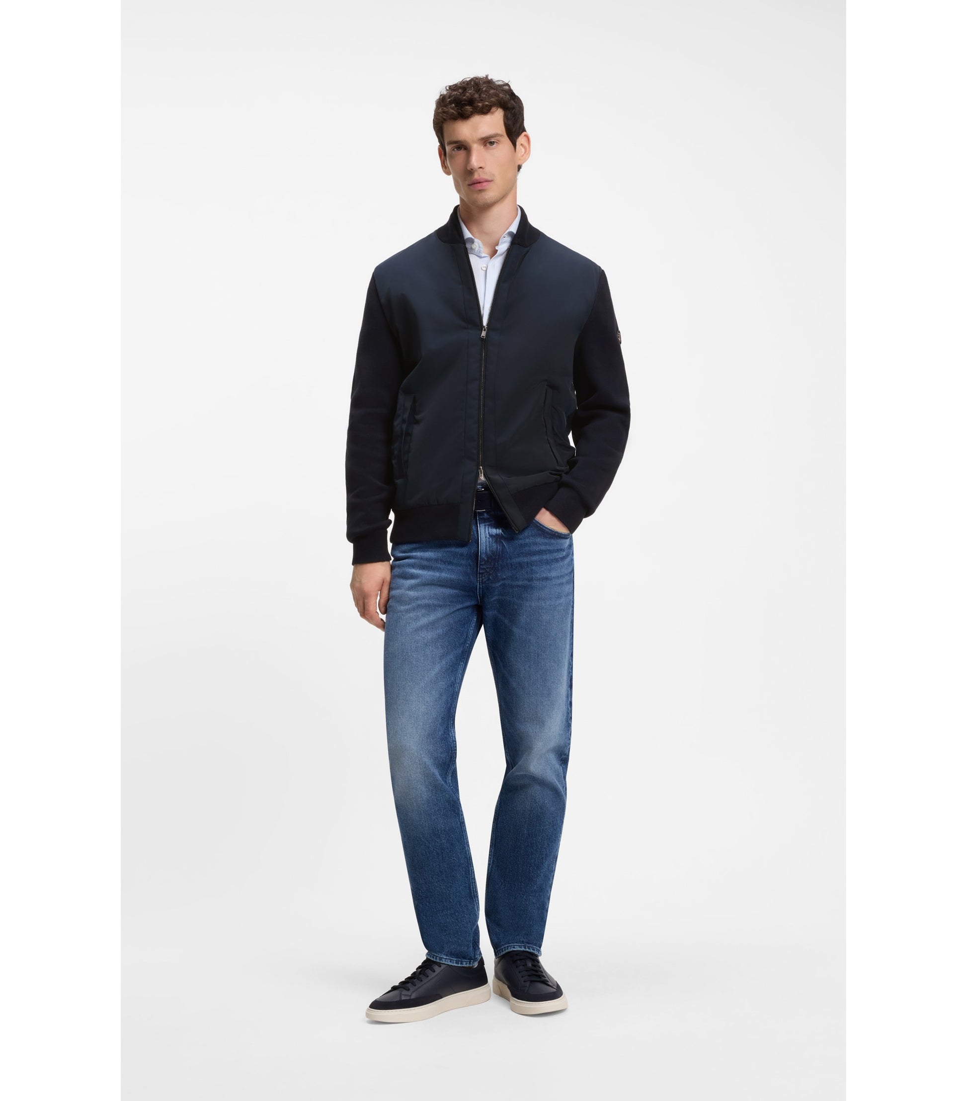 Cotton-knit hybrid jacket with bomber collar