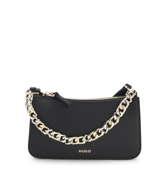 Faux-leather crossbody bag with decorative chain