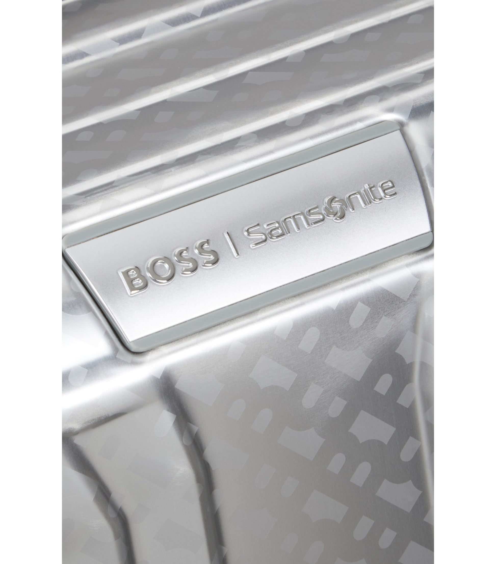 BOSS x Samsonite silver aluminium suitcase 76cm