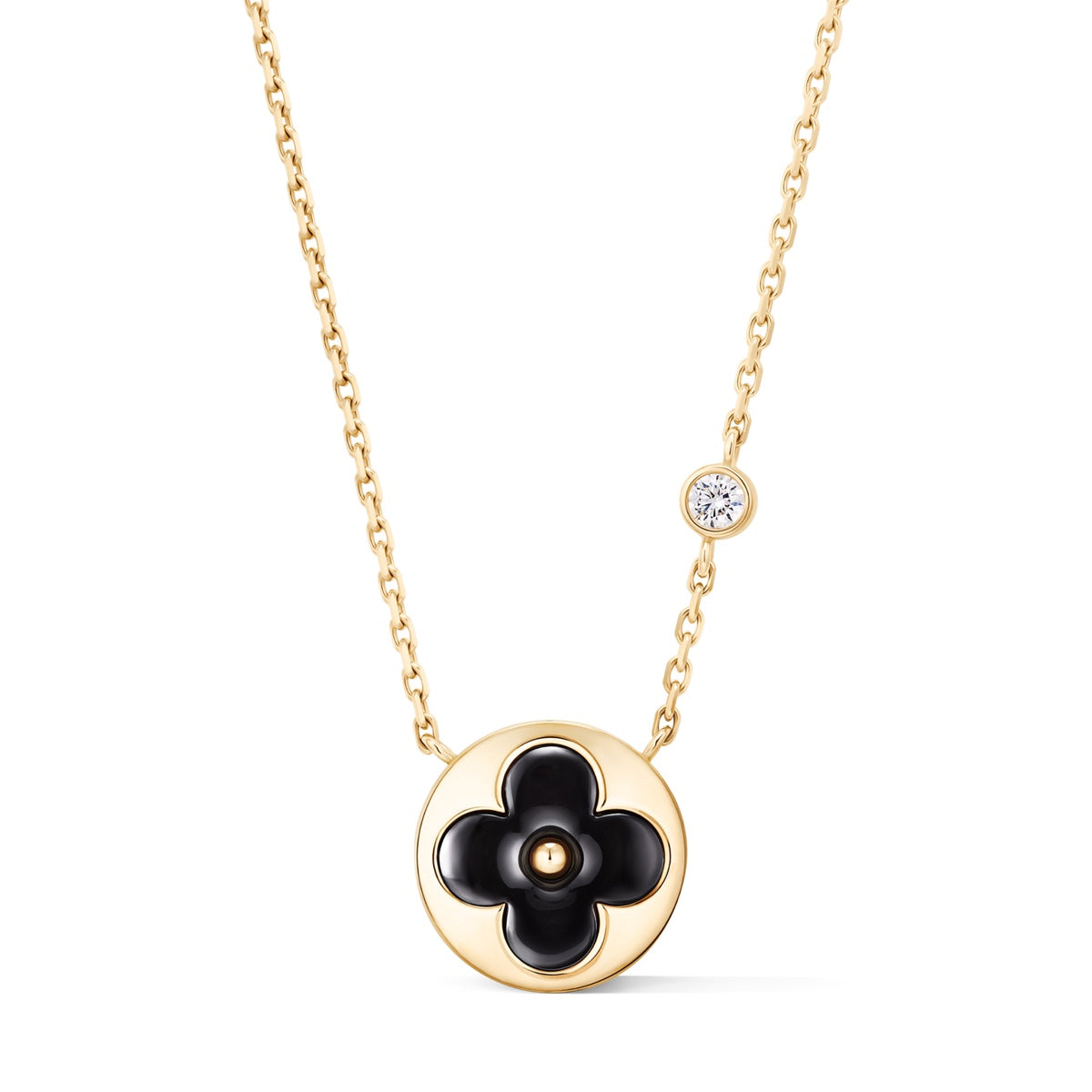 Color Blossom BB Sun Pendant, Yellow Gold, Onyx and Diamond