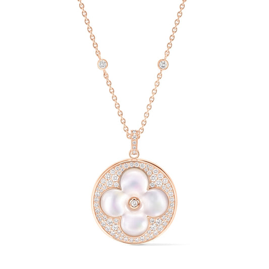 Color Blossom XL Sun Pendant, Pink Gold, White Mother-of-Pearl and Diamonds