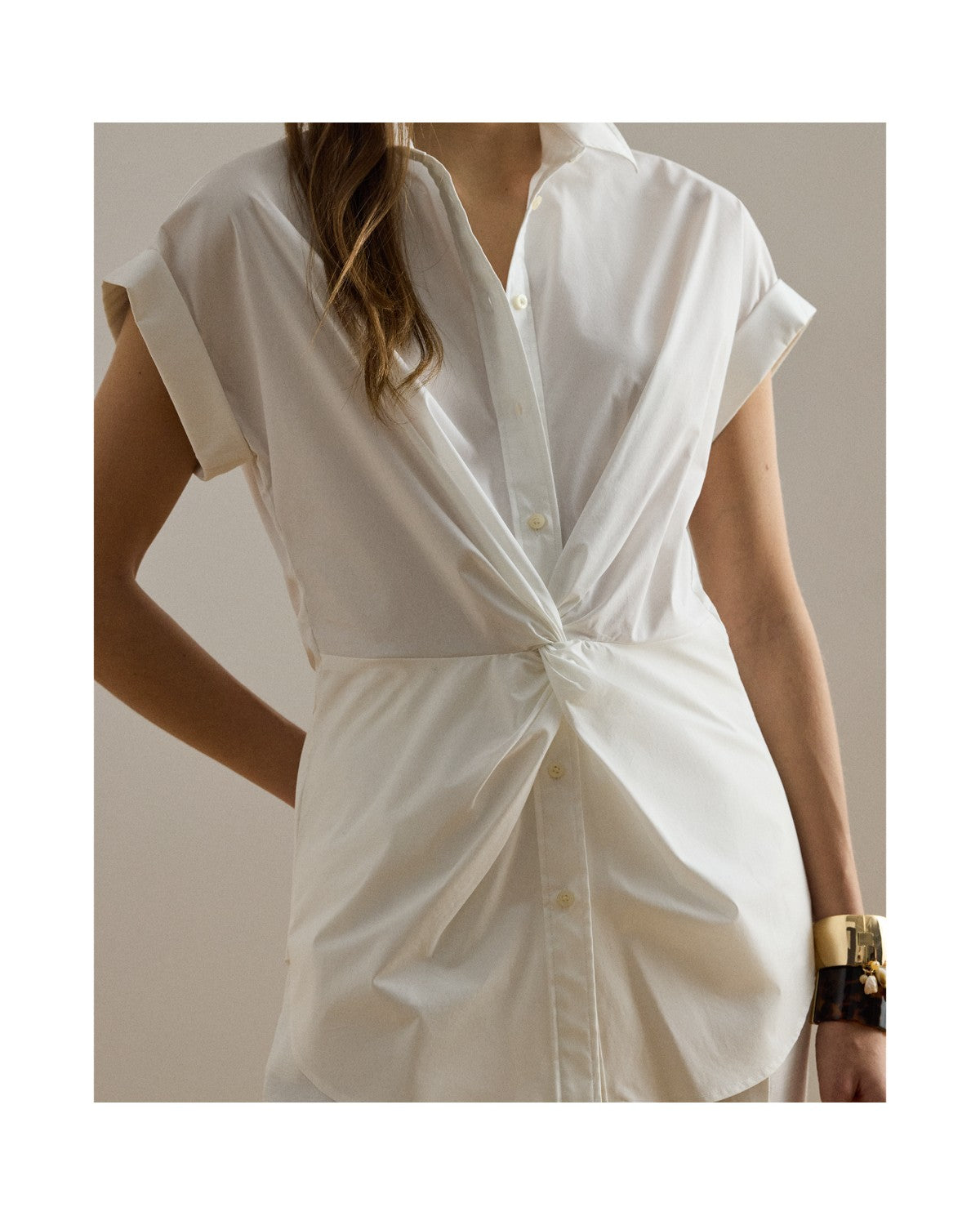 Twist-Front Cotton Short-Sleeve Shirt