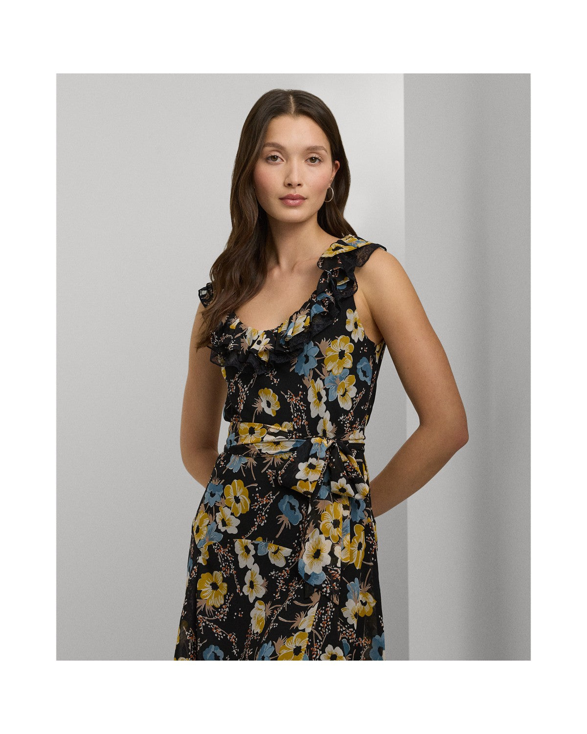 Floral Belted Crinkle Georgette Dress