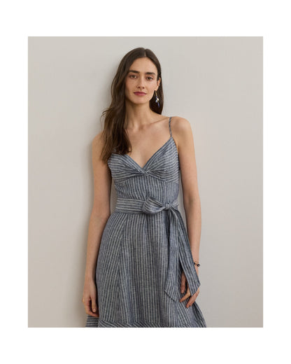 Striped Belted Linen Sleeveless Dress