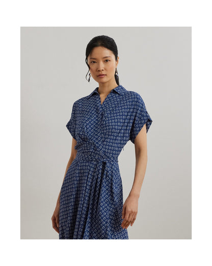 Geo-Print Belted Crepe Dress